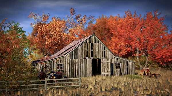 Rural landscape scene of a rugged old deserted country barn in an over grown field surrounded by beautifully colored red and yellow autumn trees and bushes. A tractor and an antique plow sit in front of the barn behind an old fence.