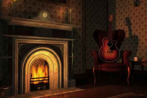 Cozy warm room with a guitar in a chair next to the fireplace